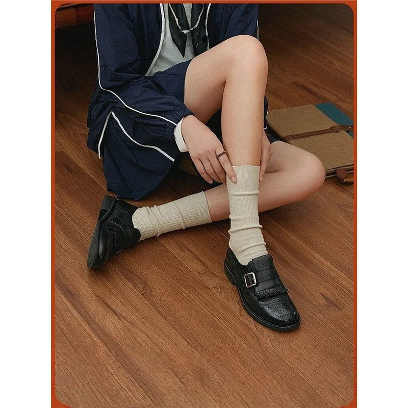 Black Double Buckle Belt Women's Brogue Loafers with Fringed Detail & Cushioned Comfort - Seated Lifestyle
