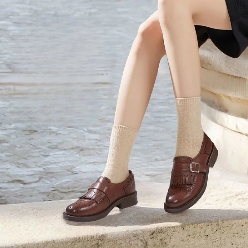Women's Brogue Loafers with Fringed Detail & Cushioned Comfort - Outdoor Ledge Pose