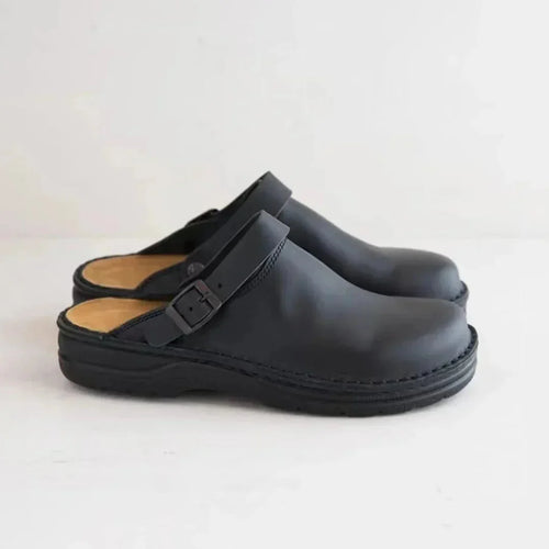 Black Men's Faux Leather Clogs — George Buckle Strap Comfort Slip-On - Side Profile Buckle