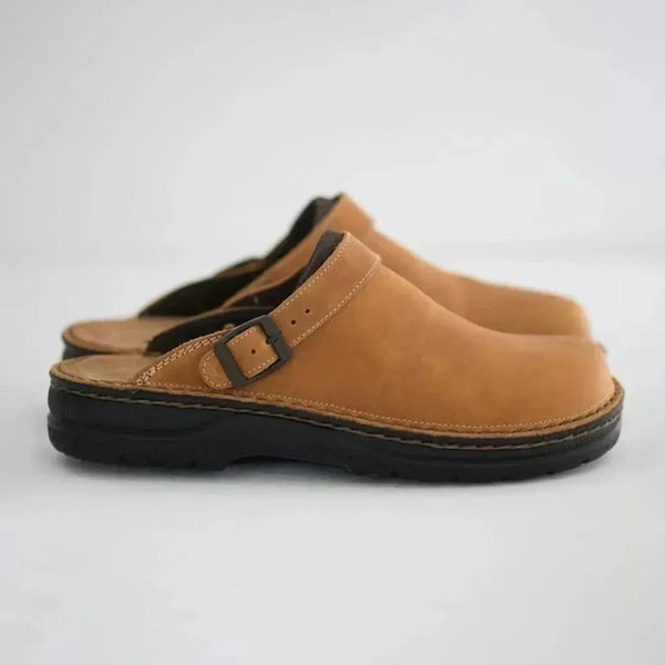 Brown Men's Faux Leather Clogs — George Buckle Strap Comfort Slip-On - Side Profile Pair