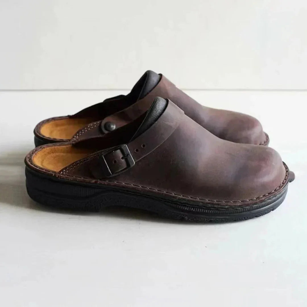 Dark Brown Men's Faux Leather Clogs — George Buckle Strap Comfort Slip-On - Front Angle Pair