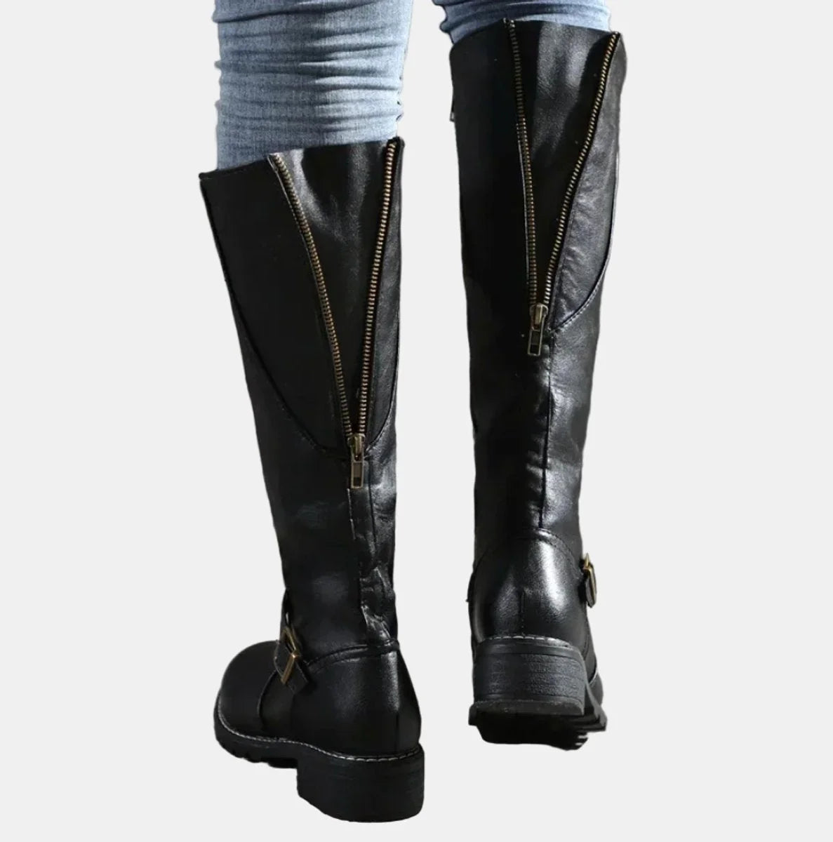 Black Women's Buckle Strap Knee High Riding Boots with Zip Closure & Block Heel — Ava - Back Zipper Detail