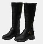Black Women's Buckle Strap Knee High Riding Boots with Zip Closure & Block Heel — Ava - Front Pair Studio