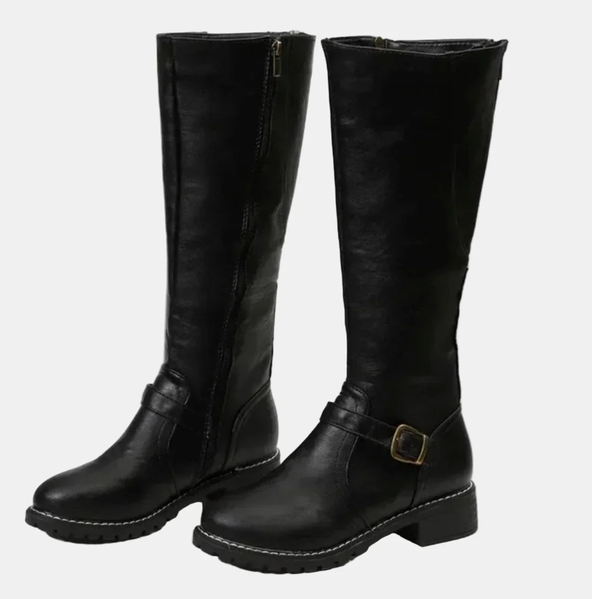 Black Women's Buckle Strap Knee High Riding Boots with Zip Closure & Block Heel — Ava - Front Pair Studio