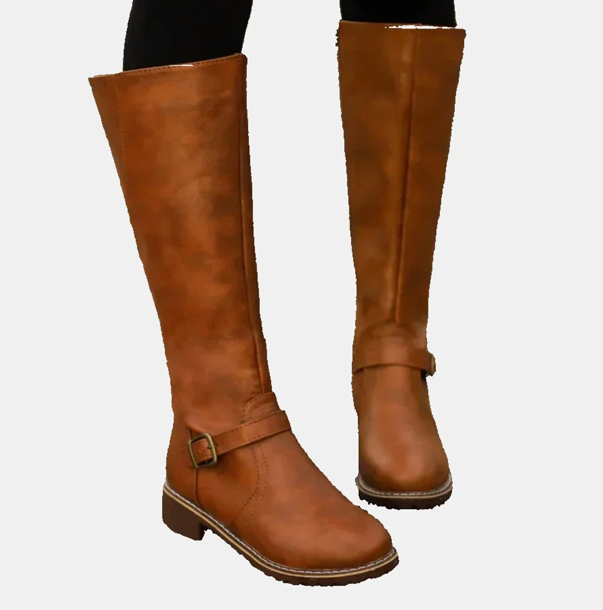 Brown Women's Buckle Strap Knee High Riding Boots with Zip Closure & Block Heel — Ava - Front Worn Buckle
