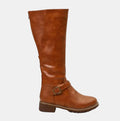 Women's Buckle Strap Knee High Riding Boots with Zip Closure & Block Heel — Ava