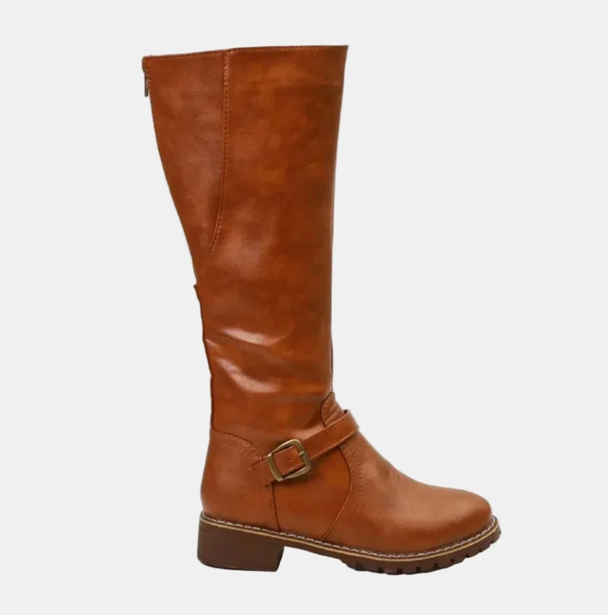 Brown Women's Buckle Strap Knee High Riding Boots with Zip Closure & Block Heel — Ava - Side Profile Studio
