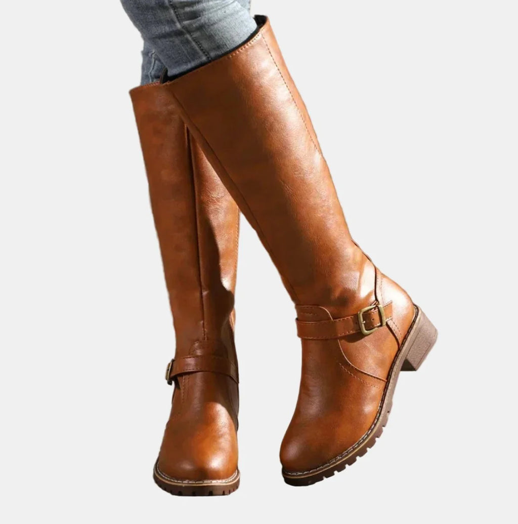 Brown Women's Buckle Strap Knee High Riding Boots with Zip Closure & Block Heel — Ava - Worn Jeans Side