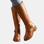 Brown Women's Buckle Strap Knee High Riding Boots with Zip Closure & Block Heel — Ava - Worn Jeans Side