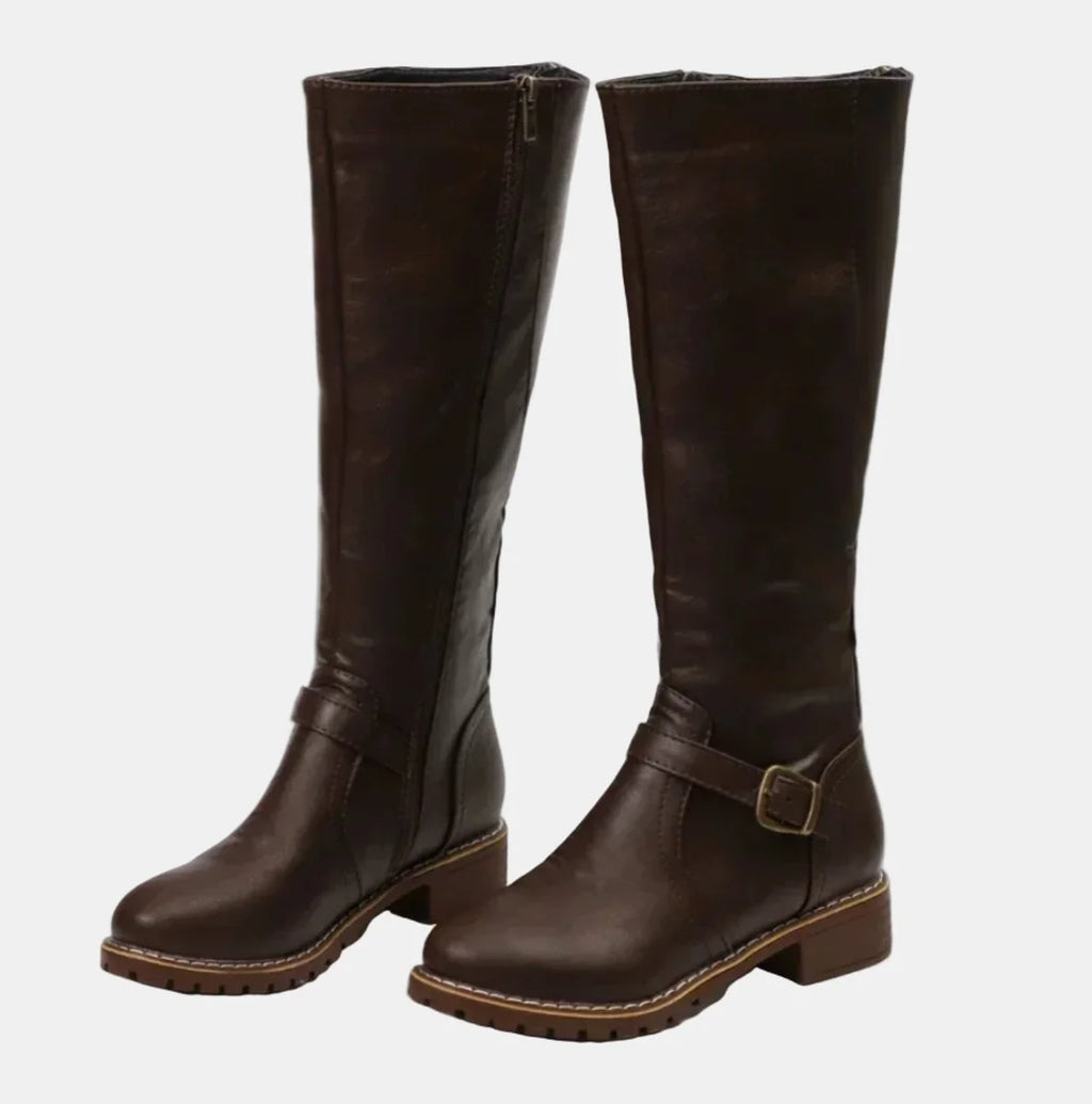 Dark Brown Women's Buckle Strap Knee High Riding Boots with Zip Closure & Block Heel — Ava - Side Pair Studio