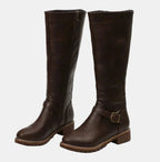 Dark Brown Women's Buckle Strap Knee High Riding Boots with Zip Closure & Block Heel — Ava - Side Pair Studio