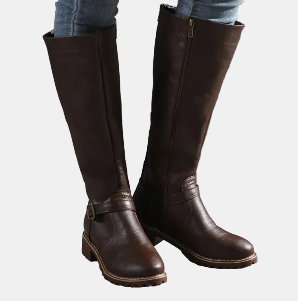 Dark Brown Women's Buckle Strap Knee High Riding Boots with Zip Closure & Block Heel — Ava - Worn Jeans Front