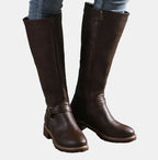 Dark Brown Women's Buckle Strap Knee High Riding Boots with Zip Closure & Block Heel — Ava - Worn Jeans Front