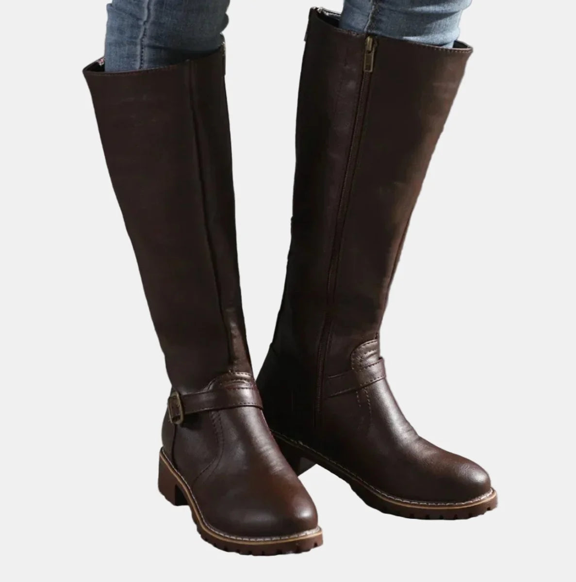 Dark Brown Women's Buckle Strap Knee High Riding Boots with Zip Closure & Block Heel — Ava - Worn Jeans Front