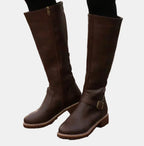 Dark Brown Women's Buckle Strap Knee High Riding Boots with Zip Closure & Block Heel — Ava - Worn Leggings Front
