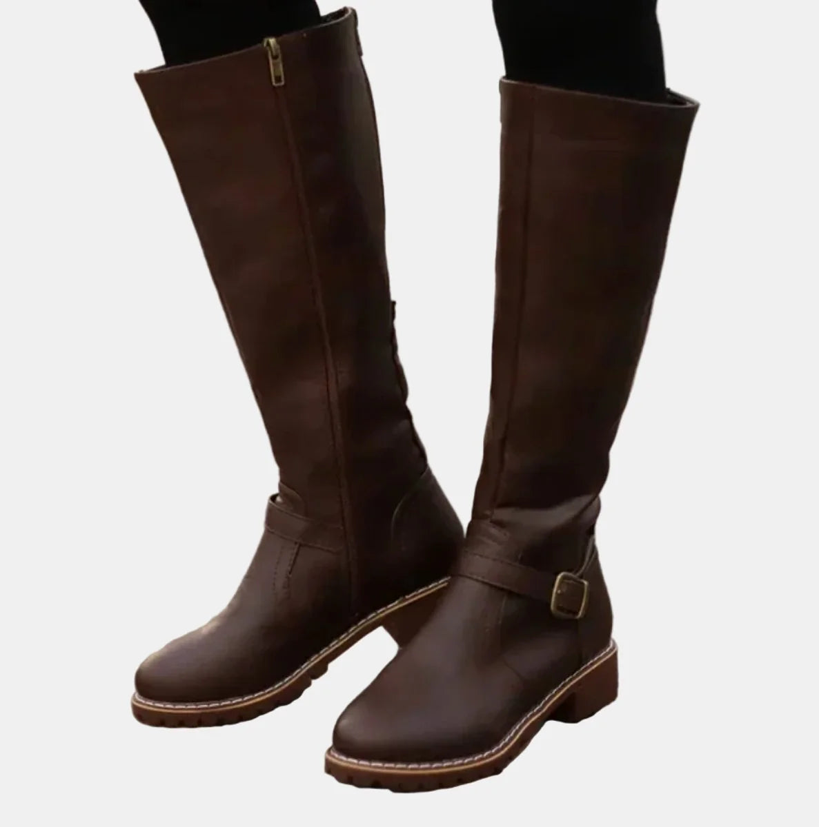 Dark Brown Women's Buckle Strap Knee High Riding Boots with Zip Closure & Block Heel — Ava - Worn Leggings Front