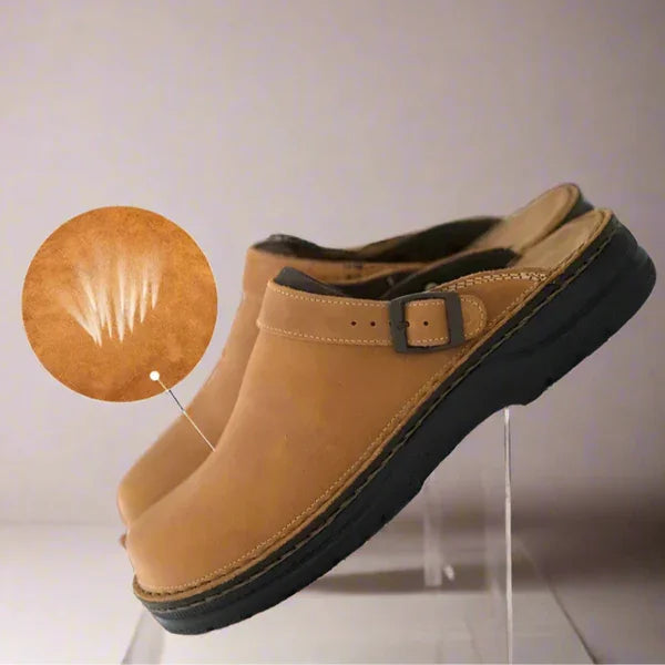 Beige Men's Classic Leather Clogs — Connor Buckle-Strap Slip-On Cushioned - Detail Closeup