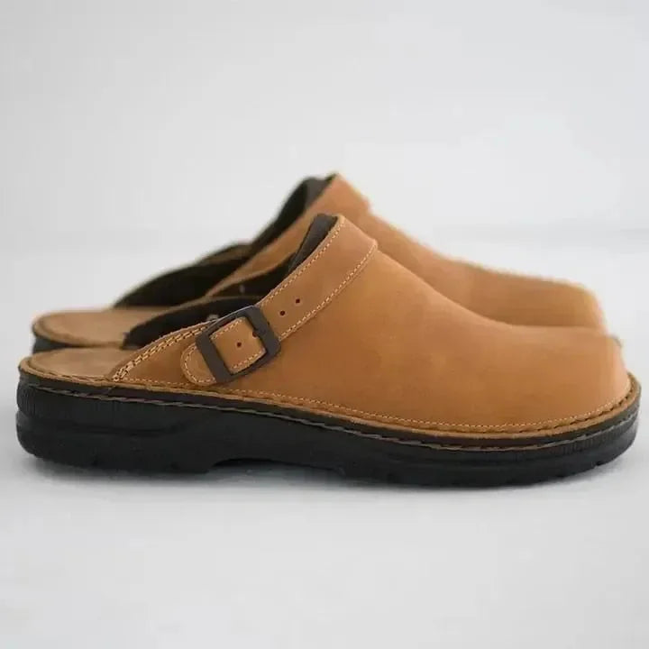 Beige Men's Classic Leather Clogs — Connor Buckle-Strap Slip-On Cushioned - Side Profile Close