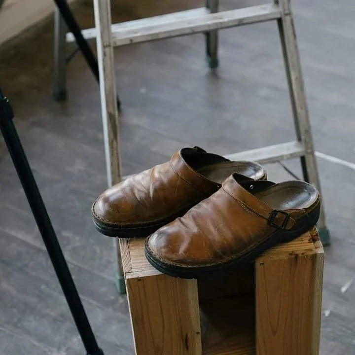 Beige Men's Classic Leather Clogs — Connor Buckle-Strap Slip-On Cushioned - Worn Lifestyle Props