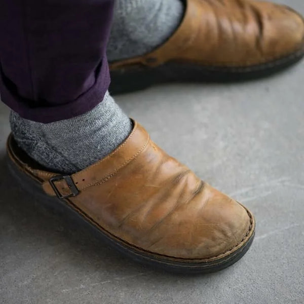 Beige Men's Classic Leather Clogs — Connor Buckle-Strap Slip-On Cushioned - Worn Lifestyle