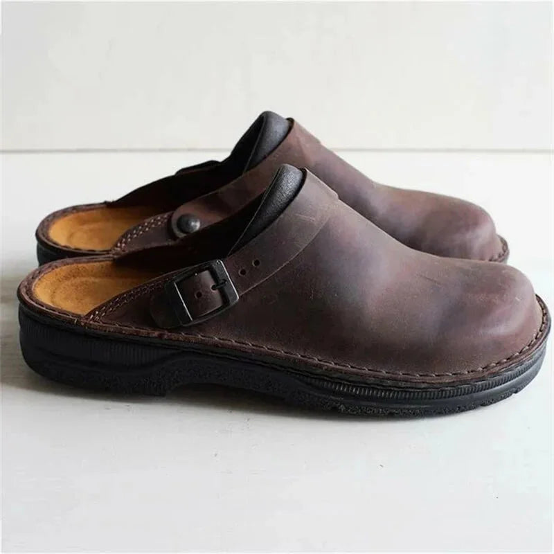 Mrkebrun Men's Classic Leather Clogs — Connor Buckle-Strap Slip-On Cushioned - Side Profile Studio