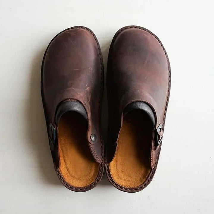 Mrkebrun Men's Classic Leather Clogs — Connor Buckle-Strap Slip-On Cushioned - Top Down Flatlay