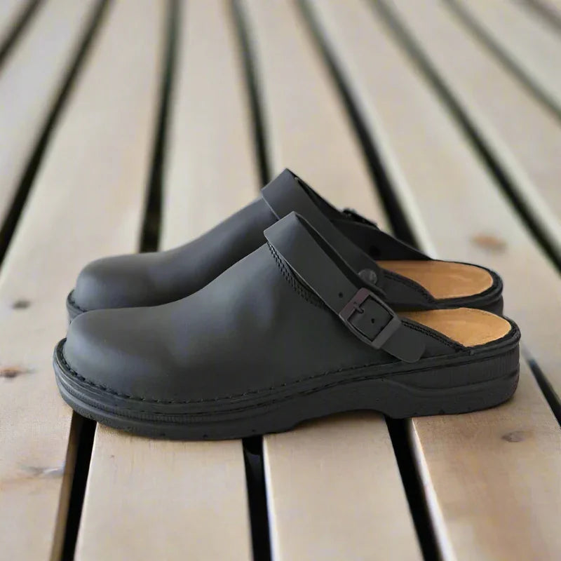 Sort Men's Classic Leather Clogs — Connor Buckle-Strap Slip-On Cushioned - Side Profile Outdoor