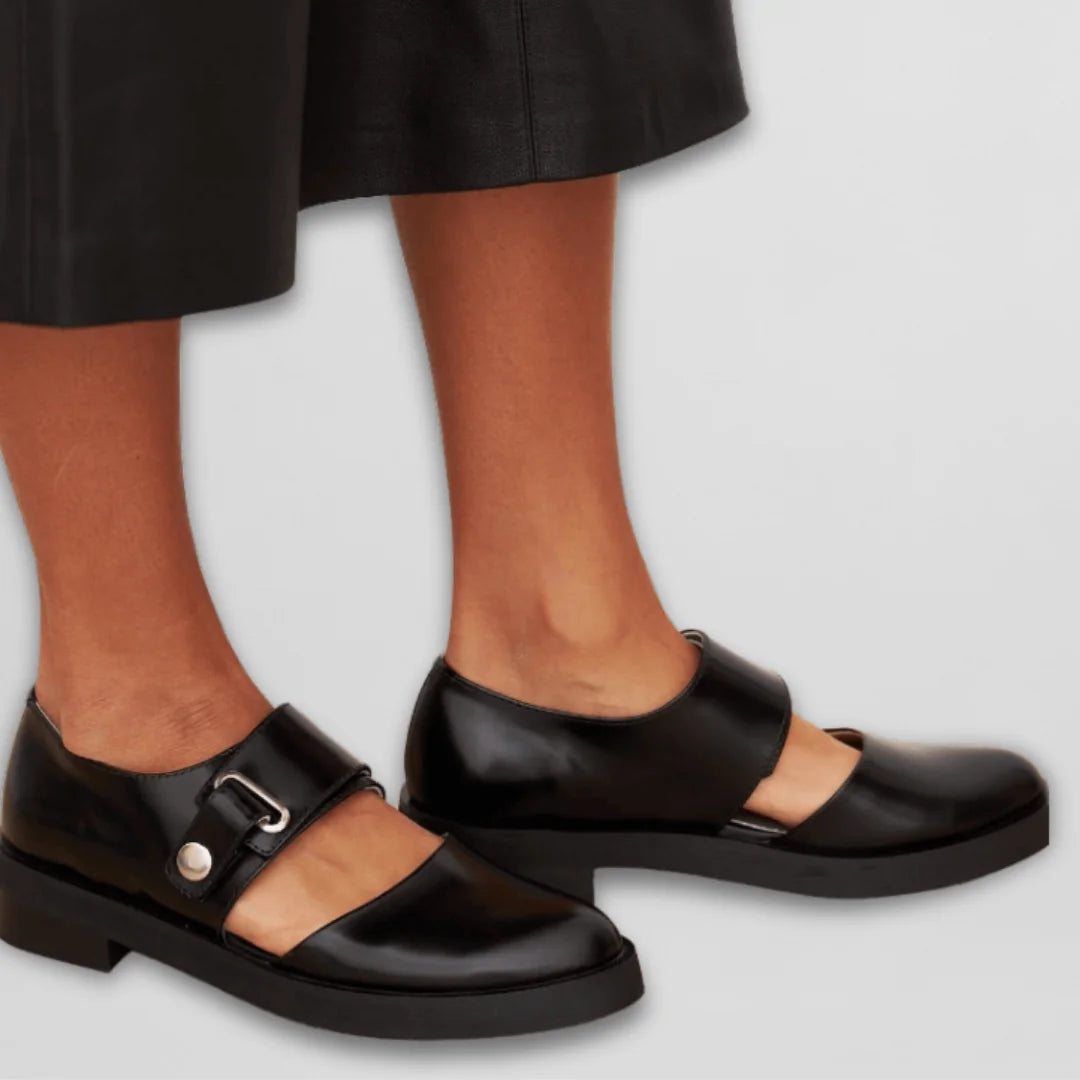 Black Women's Black Leather Mary Janes — Avery Buckle-Strap Round-Toe Flat - Side Worn Full