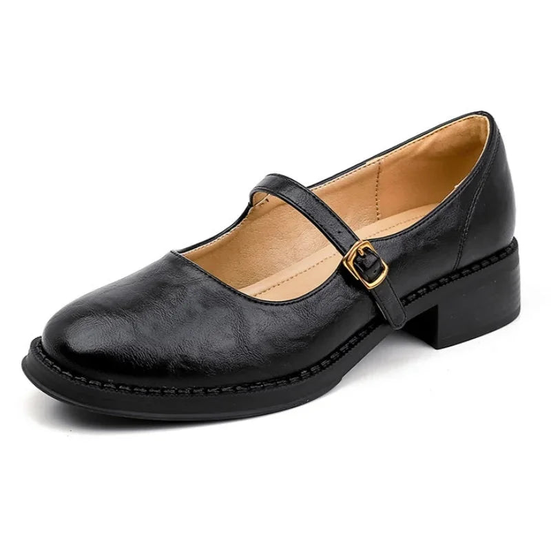 Black Women's Leather Mary Janes — Maisie Buckle-Strap Round-Toe Block Heel - Studio Product Shot