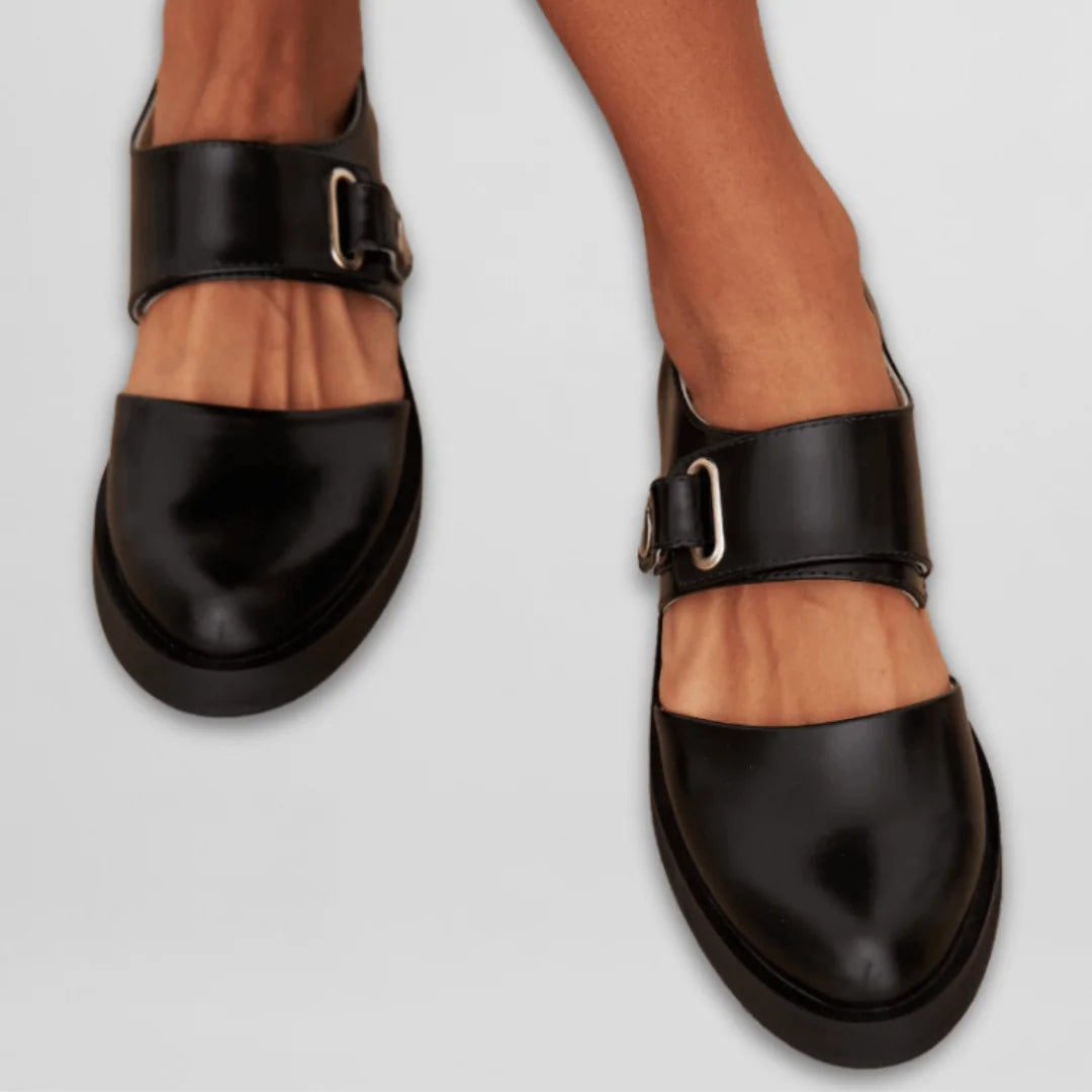 Black Women's Black Leather Mary Janes — Avery Buckle-Strap Round-Toe Flat - Top Down Detail