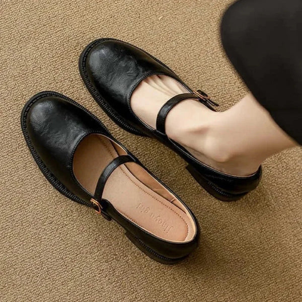 Black Women's Leather Mary Janes — Maisie Buckle-Strap Round-Toe Block Heel - Top View Pair