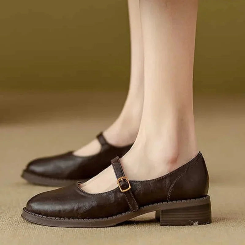 Brown Women's Leather Mary Janes — Maisie Buckle-Strap Round-Toe Block Heel - Side Worn Profile