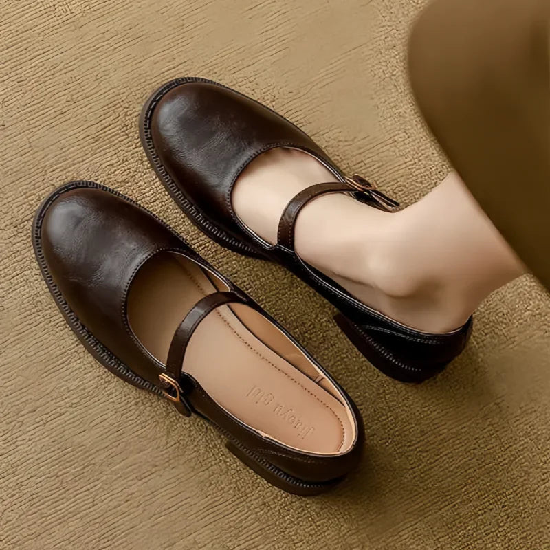 Brown Women's Leather Mary Janes — Maisie Buckle-Strap Round-Toe Block Heel - Top View Worn