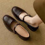 Brown Women's Leather Mary Janes — Maisie Buckle-Strap Round-Toe Block Heel - Top View Worn