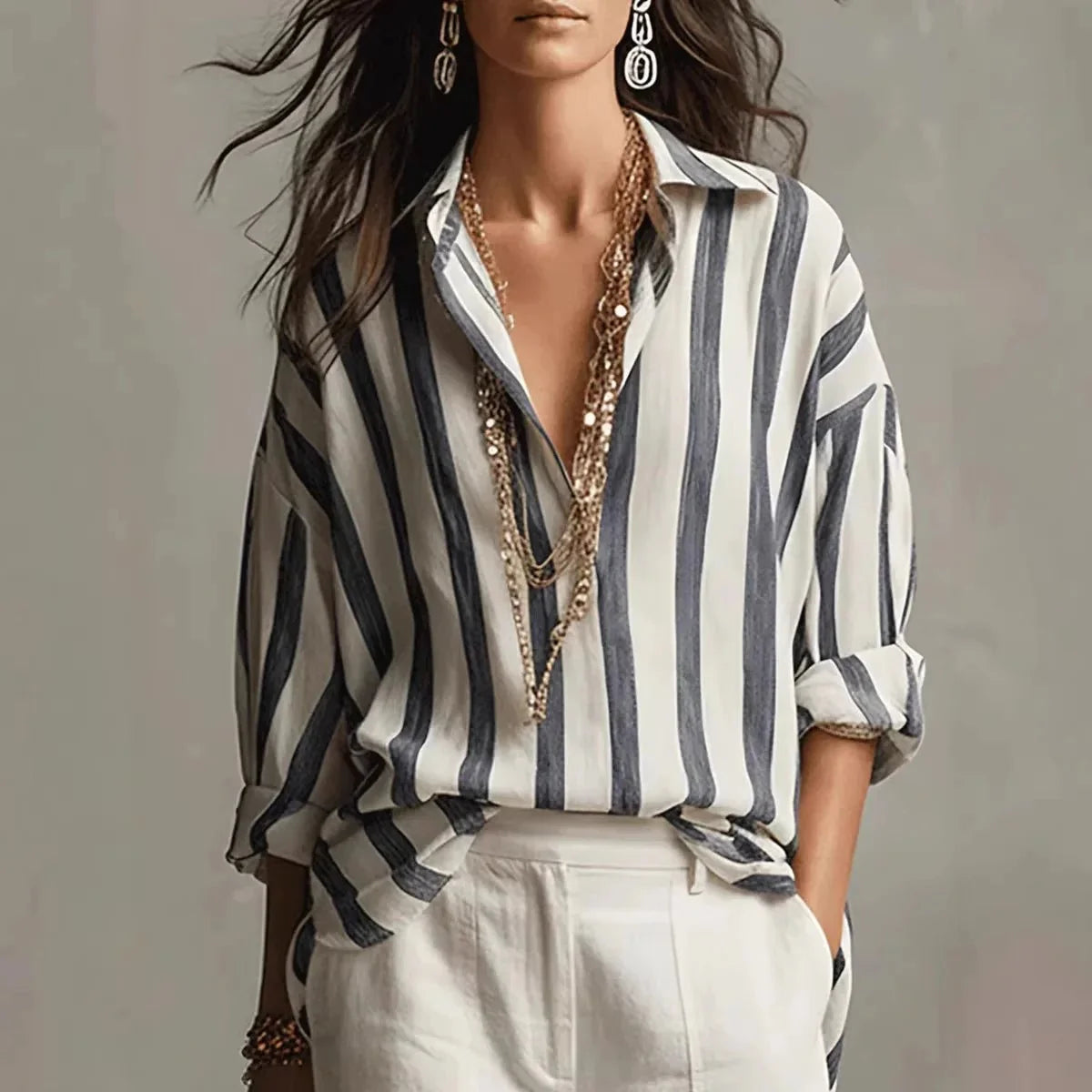 Black Women's Elegant Blouse in Striped Linen with Button-Front & Rolled Sleeves — Rosalind