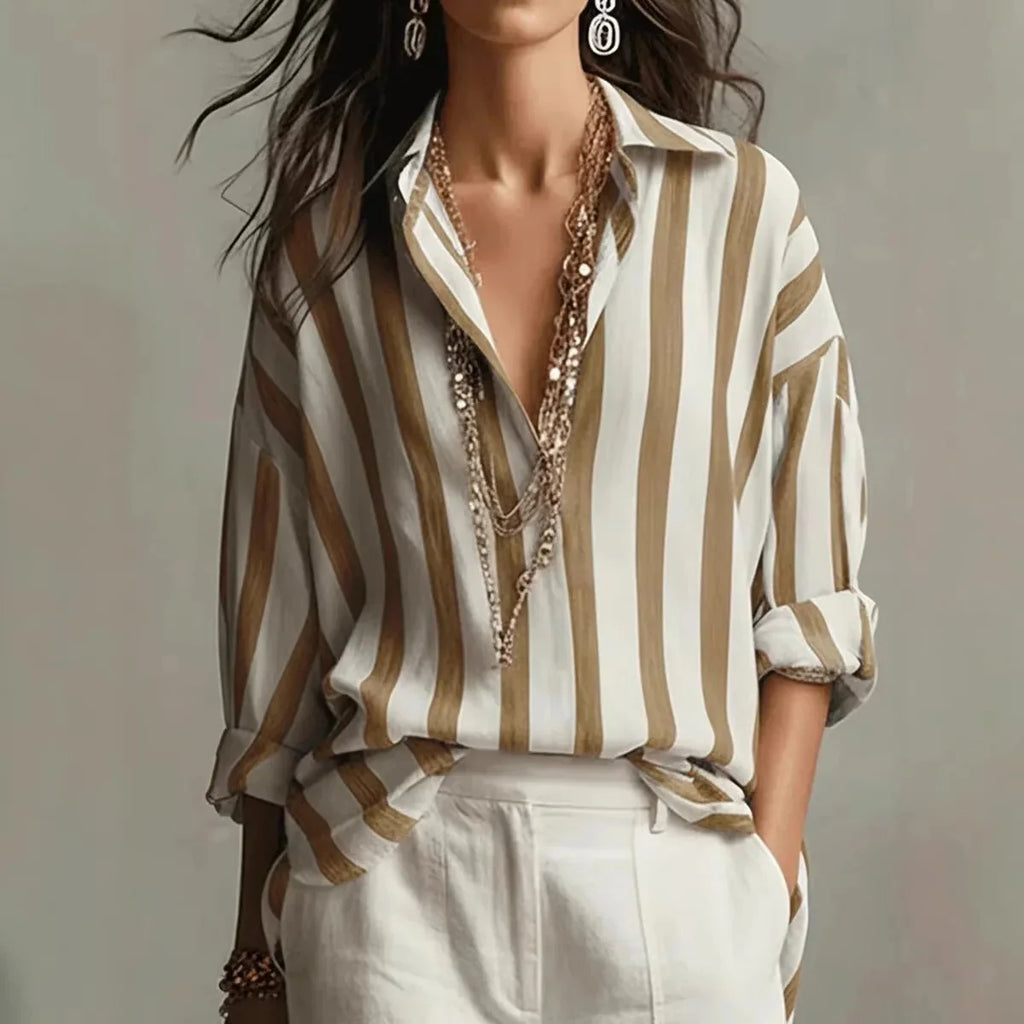 Brown Women's Elegant Blouse in Striped Linen with Button-Front & Rolled Sleeves — Rosalind