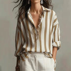 Brown Women's Elegant Blouse in Striped Linen with Button-Front & Rolled Sleeves — Rosalind