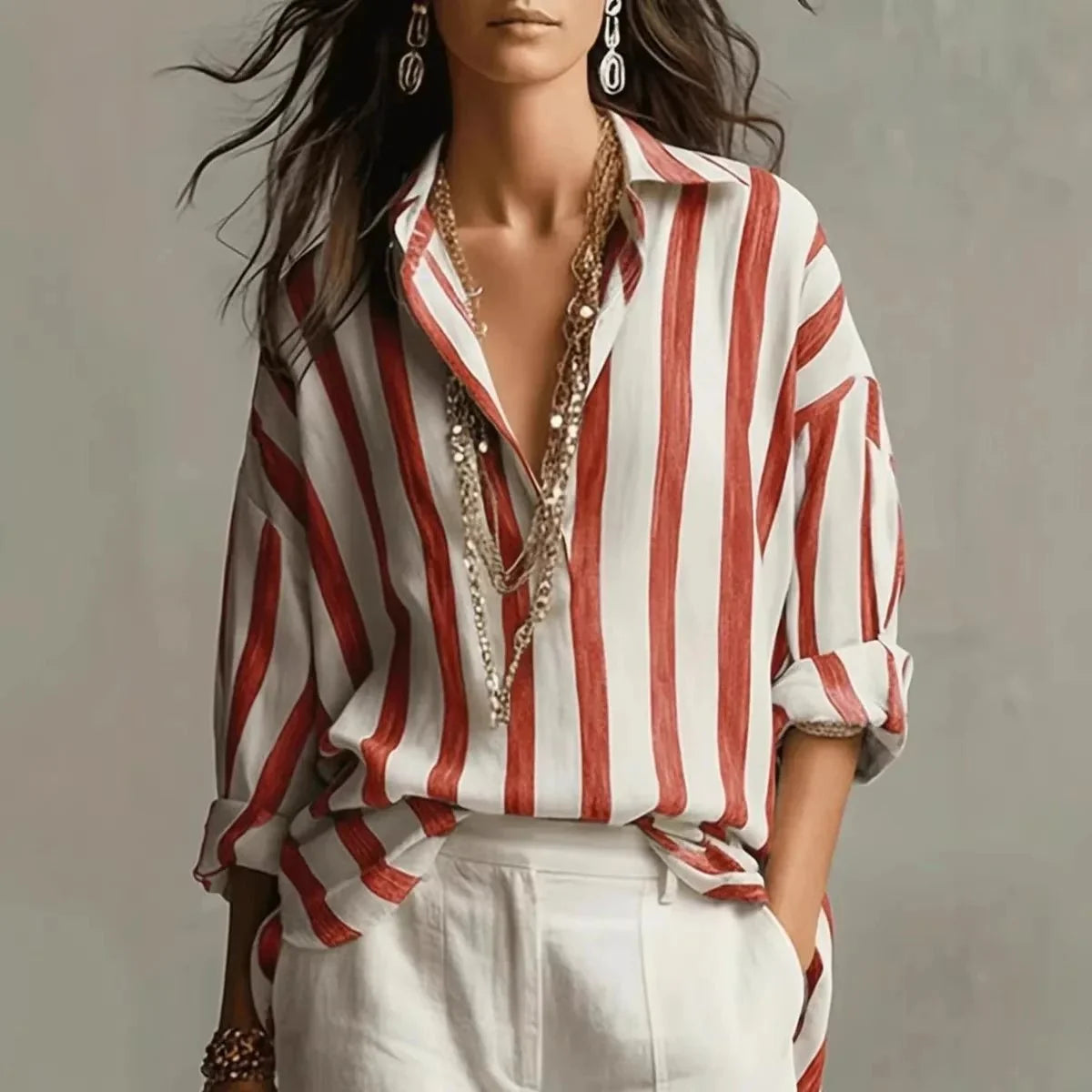 Red Women's Elegant Blouse in Striped Linen with Button-Front & Rolled Sleeves — Rosalind