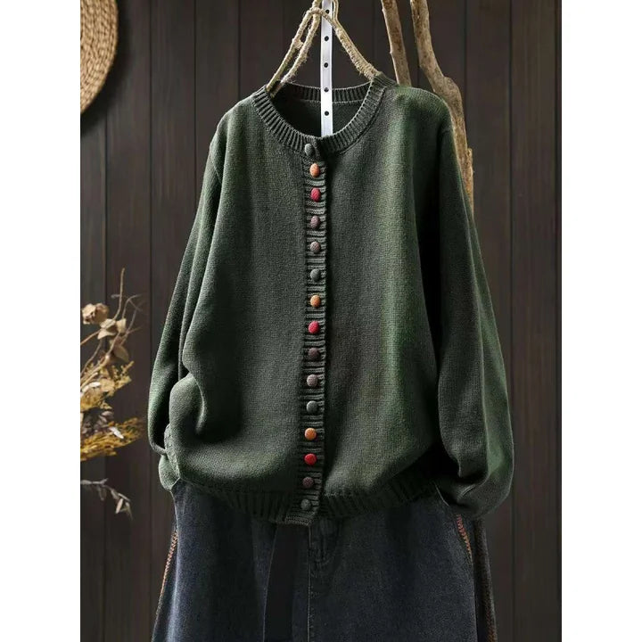 Army Women's Button-Front Knit Cardigan — Ophelia Everyday Crew Neck Oversized - Green Front Styled