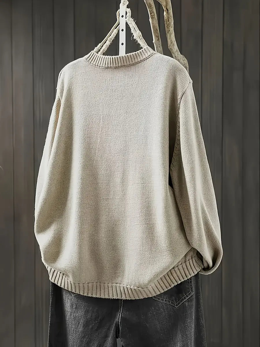 Beige Women's Button-Front Knit Cardigan — Ophelia Everyday Crew Neck Oversized - Back Hanging