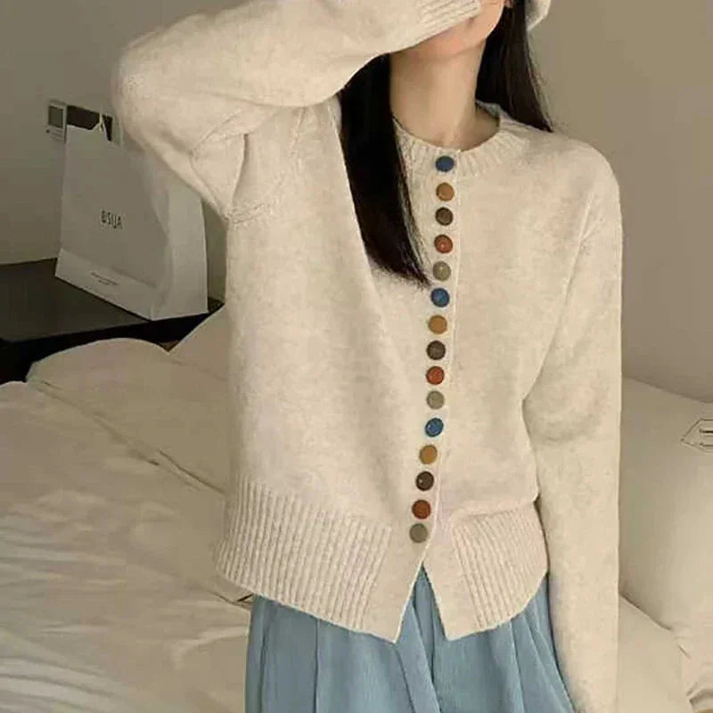 Beige Women's Button-Front Knit Cardigan — Silvia Cozy Relaxed Rainbow-Button - Bedroom Pose