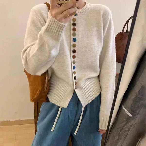 Beige Women's Button-Front Knit Cardigan — Silvia Cozy Relaxed Rainbow-Button - Front Close Buttons