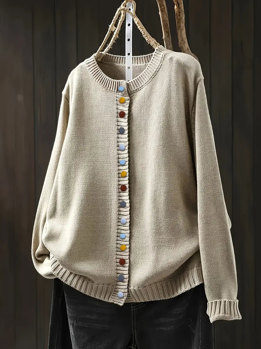 Beige Women's Button-Front Knit Cardigan — Ophelia Everyday Crew Neck Oversized - Front Hanging