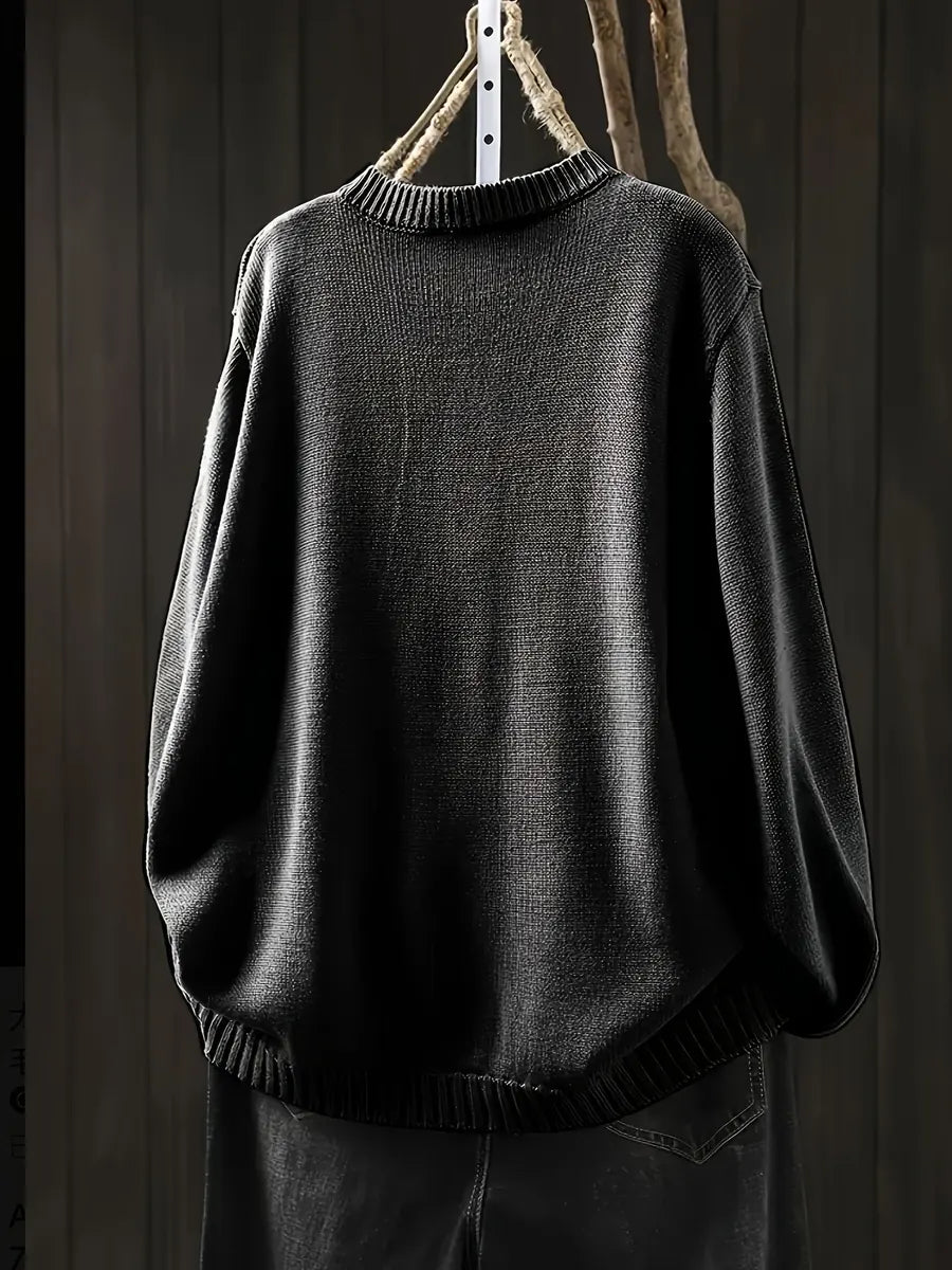 Black Women's Button-Front Knit Cardigan — Ophelia Everyday Crew Neck Oversized - Back View
