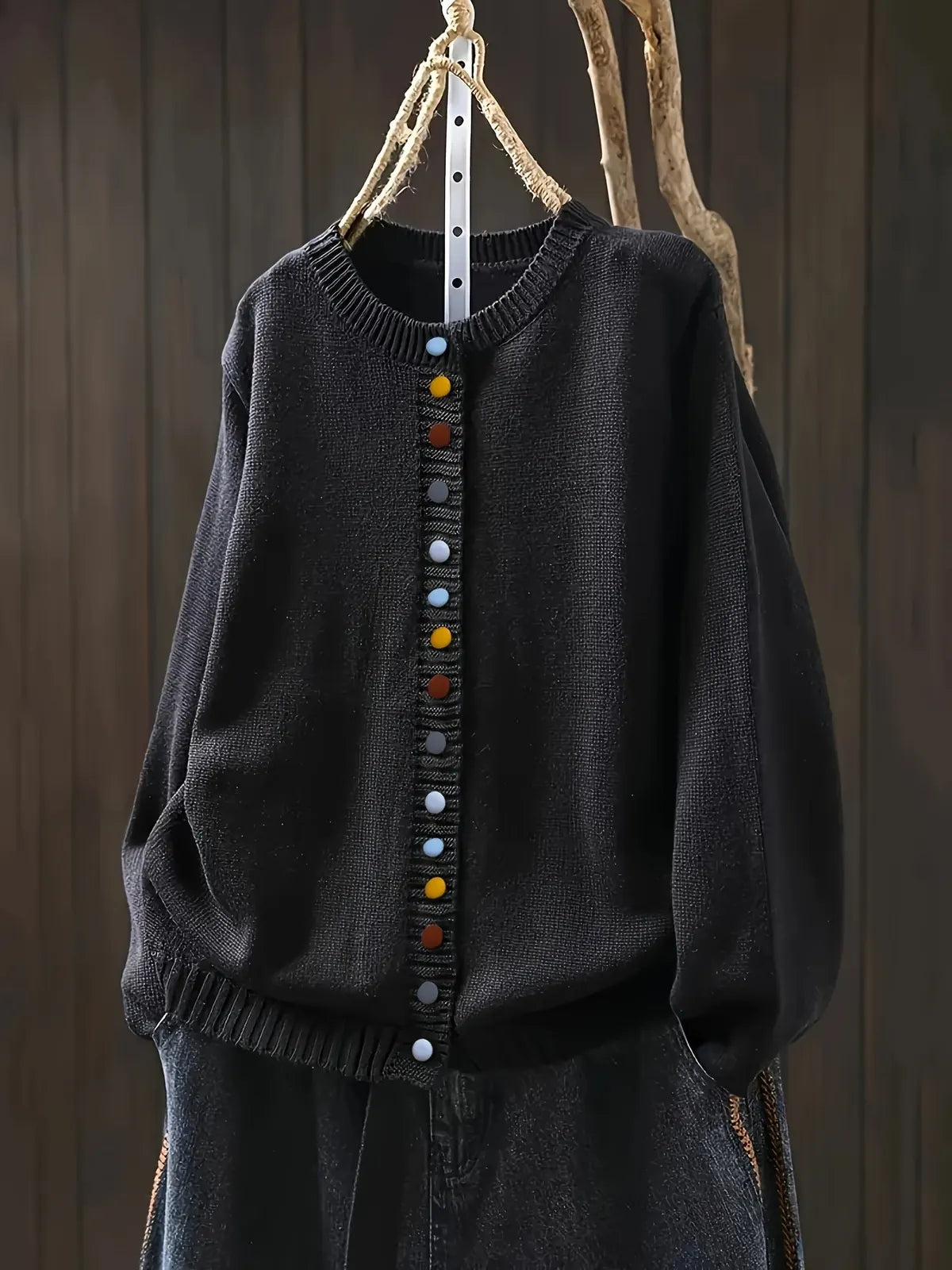 Black Women's Button-Front Knit Cardigan — Ophelia Everyday Crew Neck Oversized - Front View