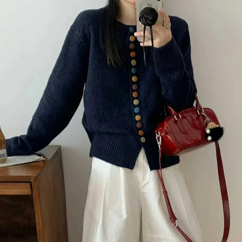 Blue Women's Button-Front Knit Cardigan — Silvia Cozy Relaxed Rainbow-Button - Mirror Selfie