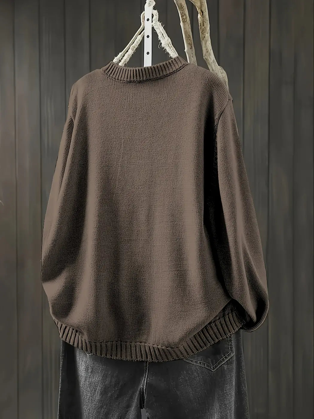 Brown Women's Button-Front Knit Cardigan — Ophelia Everyday Crew Neck Oversized - Back Detail