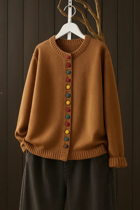 Brown Women's Button-Front Knit Cardigan — Ophelia Everyday Crew Neck Oversized - Front Detail