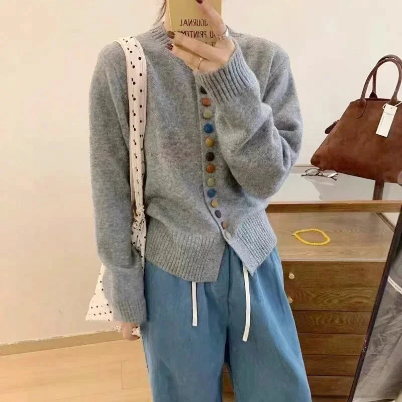 Gray Women's Button-Front Knit Cardigan — Silvia Cozy Relaxed Rainbow-Button - Mirror Pose