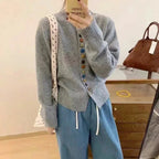 Gray Women's Button-Front Knit Cardigan — Silvia Cozy Relaxed Rainbow-Button - Mirror Pose